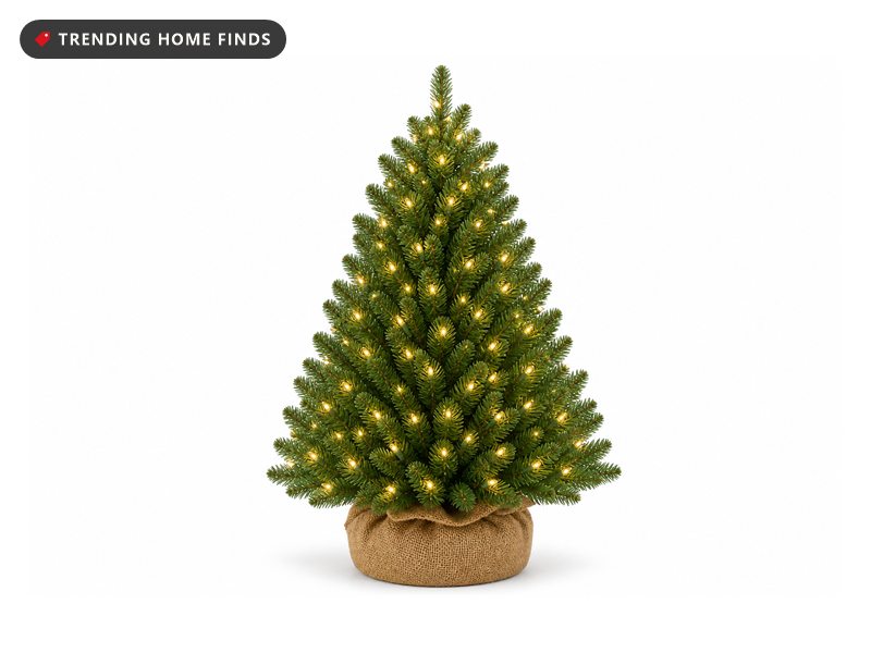 A small green pre-lit Christmas tree with warm glowing lights on a burlap wrapped base.
