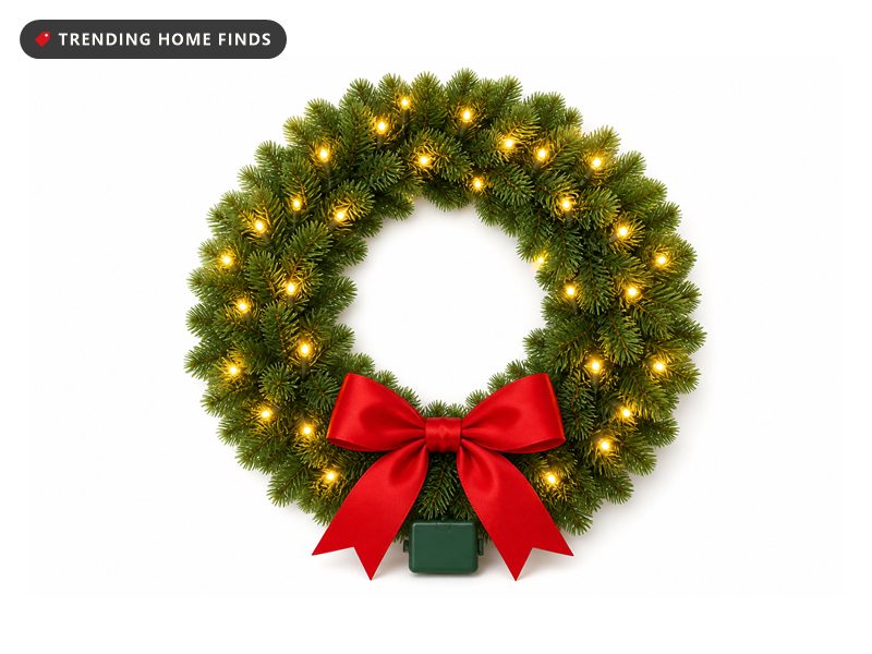 A round prelit evergreen wreath glowing with small warm white lights and a red ribbon bow.