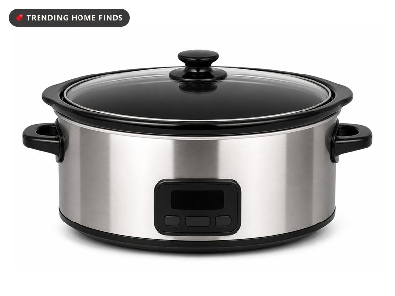 A polished stainless steel oval slow cooker with a glass lid, black handles and a small front control panel.