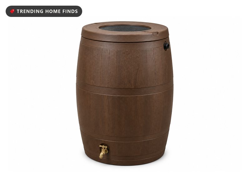 A walnut brown rain barrel with a woodgrain texture, a flat back, a brass spigot and a screened lid opening.