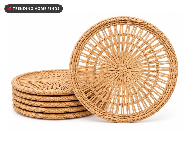 Six woven rattan charger plates in a natural wood color, stacked with the top one turned face up.