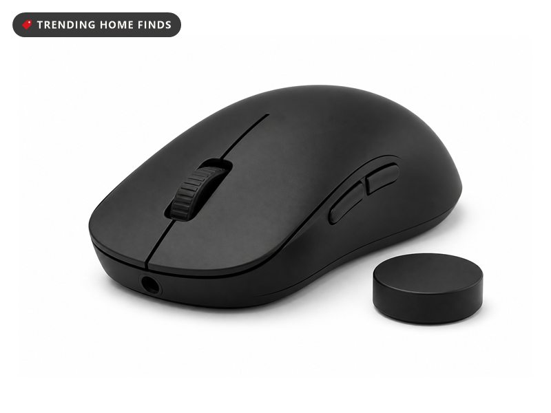A matte black symmetrical gaming mouse with two side buttons and a plain scroll wheel, a small wireless dongle beside it.