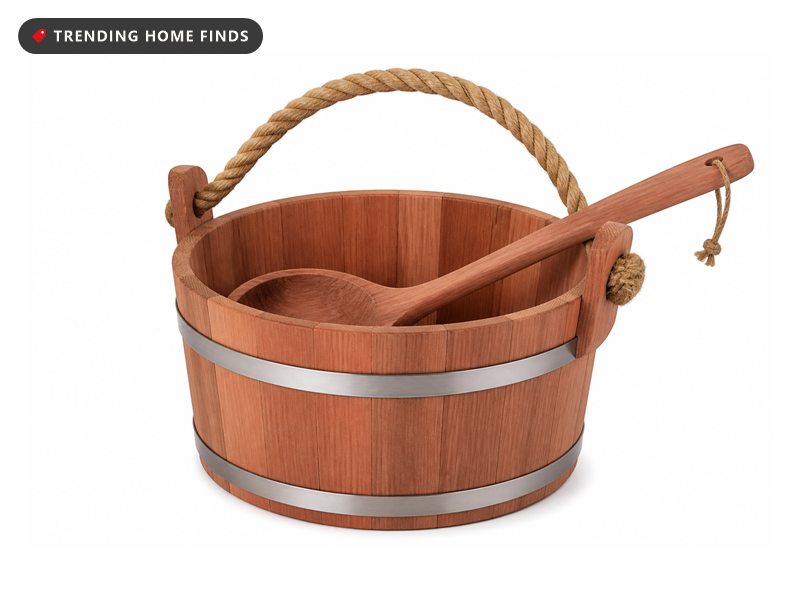 A staved red cedar sauna bucket with metal bands and a rope handle, with a long handled cedar ladle.