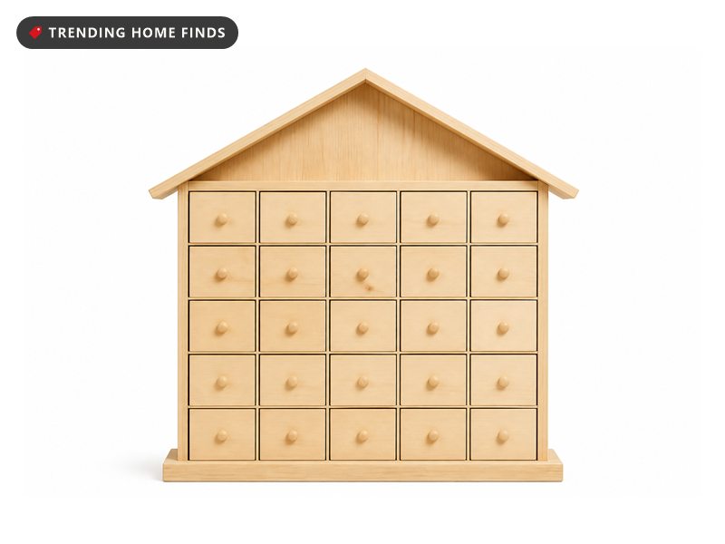 A wooden advent calendar shaped like a small house with rows of small drawers and round knobs.