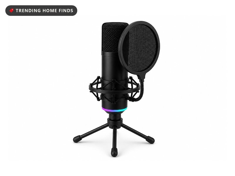 A black USB condenser microphone on a tripod with a glowing RGB ring and a mesh pop filter.