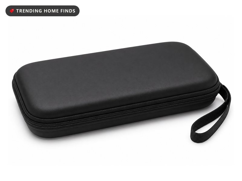 A slim black hard shell carrying case for a handheld game console, closed.