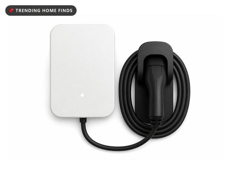 A white wall mounted EV charger box with a thick black cable coiled on a holster beside it.