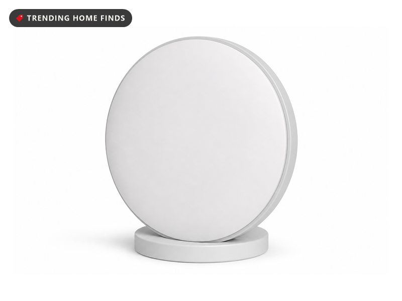A smooth round white radon detector with a matte face and a thin pale gray rim on a small round base.