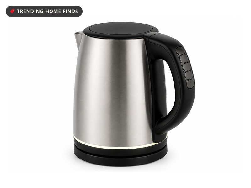 A brushed stainless steel smart kettle on a round black base with a black handle and lid.