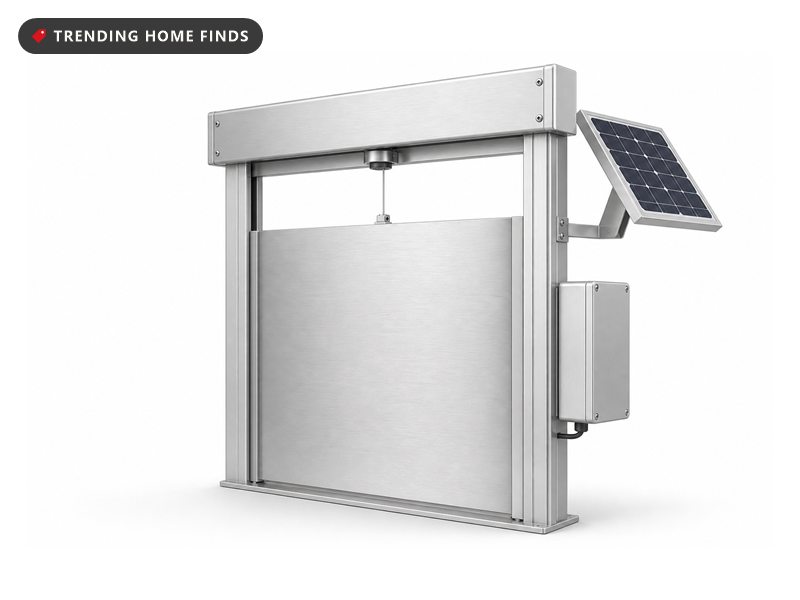 An aluminum sliding chicken coop door with a small solar panel and a control box turned edge-on.