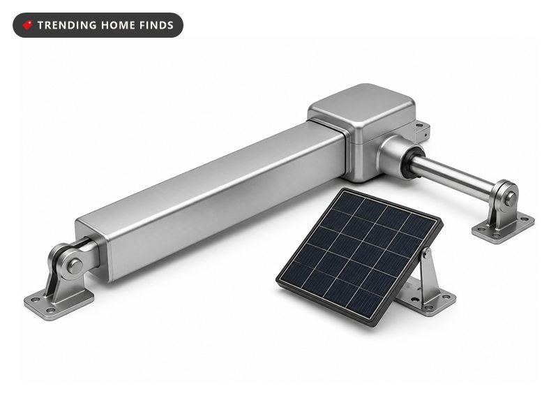 A linear gate opener arm with a motor housing, an extending rod and mounting brackets, beside a small solar panel.