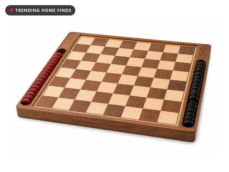 A solid wood checkers board with light and dark squares and red and black pieces resting in side grooves.
