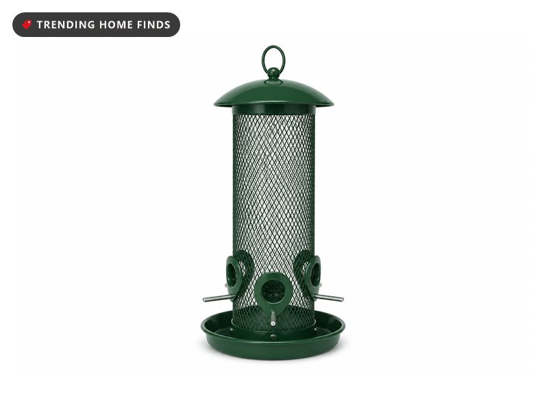 A tall green metal mesh tube bird feeder with a domed roof, a hanging loop and four feeding ports with perches.