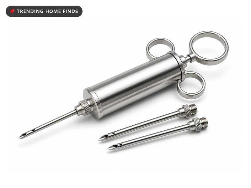 A stainless steel meat injector with a thumb ring plunger, one needle fitted and two loose needles beside it.