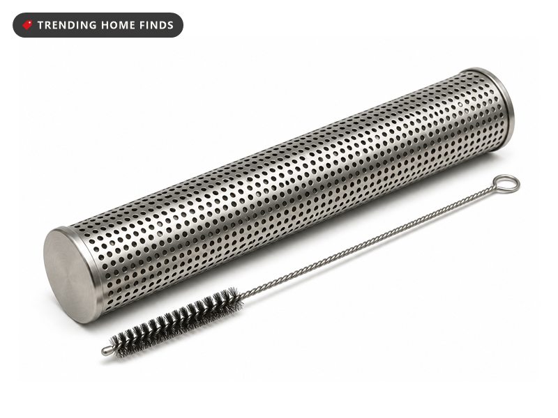 A perforated stainless steel pellet smoker tube with a capped end and a small cleaning brush.