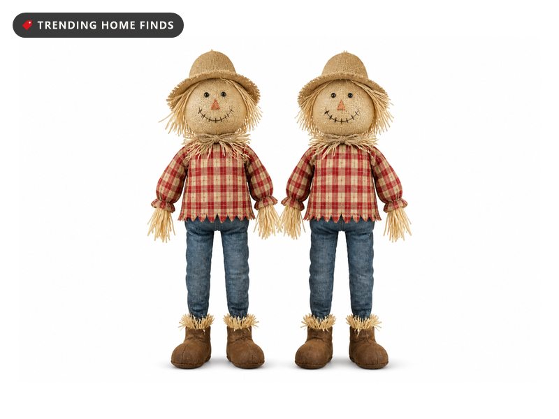 Two standing scarecrows with burlap faces, straw hats, plaid shirts and long stuffed denim legs.