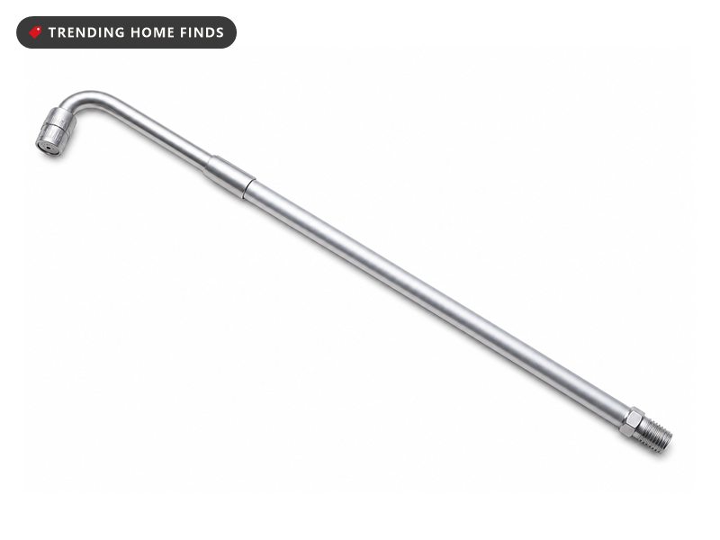 A silver telescoping cleaning wand with a hooked end, a swivel nozzle and a hose connector.