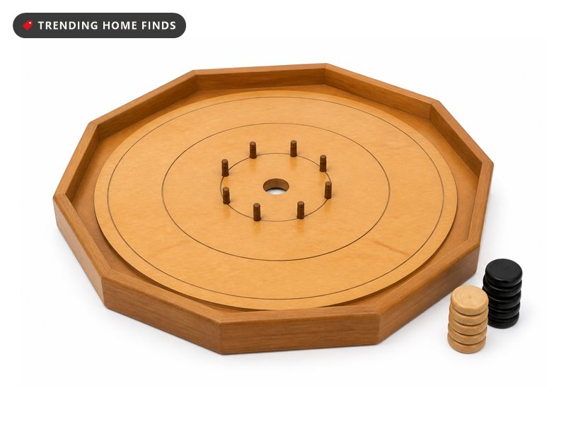 An octagon wooden crokinole board with plain rings, short pegs and a stack of black and natural discs.