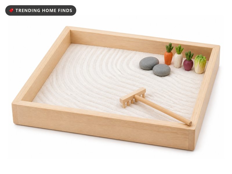A shallow square wooden sand tray filled with white sand raked into lines, with small stones and miniature vegetables.