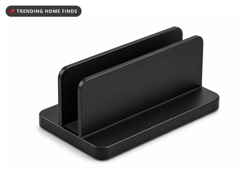 A black aluminum vertical laptop stand with a weighted base and two walls forming one slot.