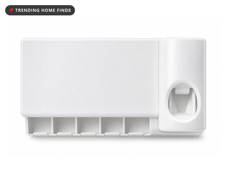 A white wall mounted toothpaste dispenser and toothbrush holder with five slots.