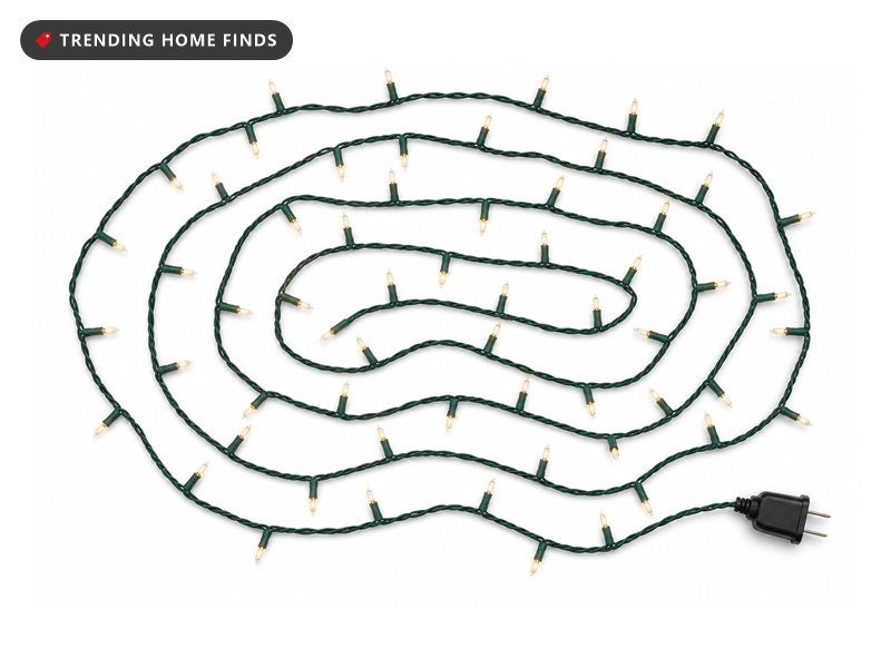 A loose coil of thin green wire carrying rows of small clear mini bulbs glowing warm white, with a plug in adapter.