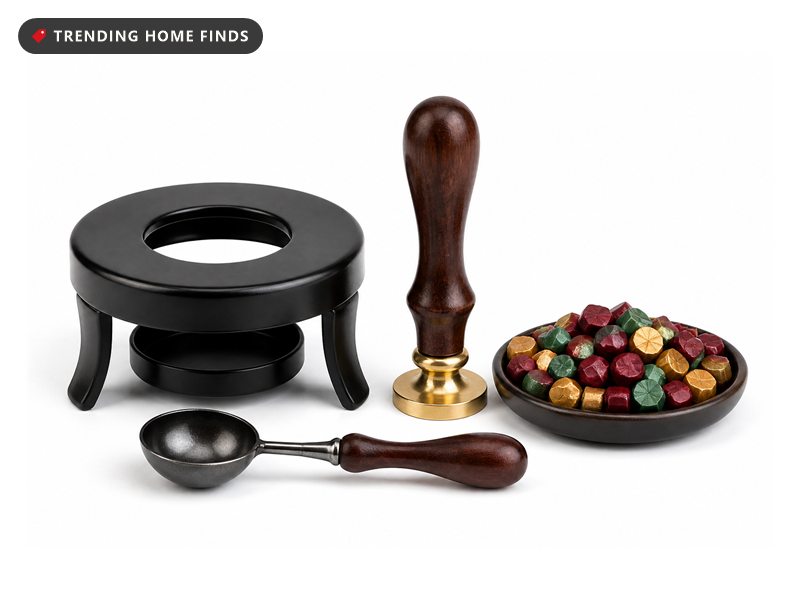 A wax seal kit with a small warmer, a melting spoon, a gold stamp and wax beads.