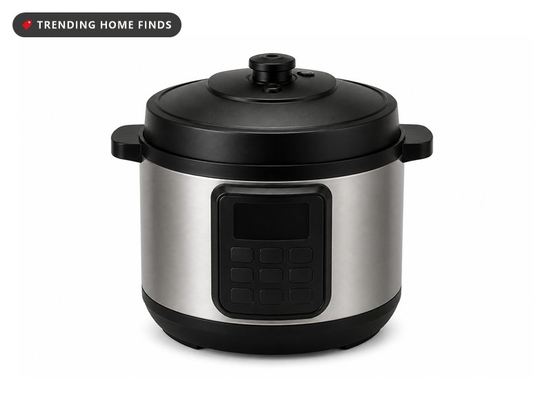A round black and stainless steel smart pressure cooker with a locked lid.
