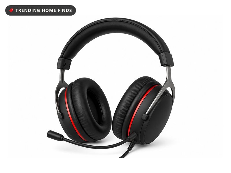 A black and red wired gaming headset with a padded headband, large ear cups and a boom mic.