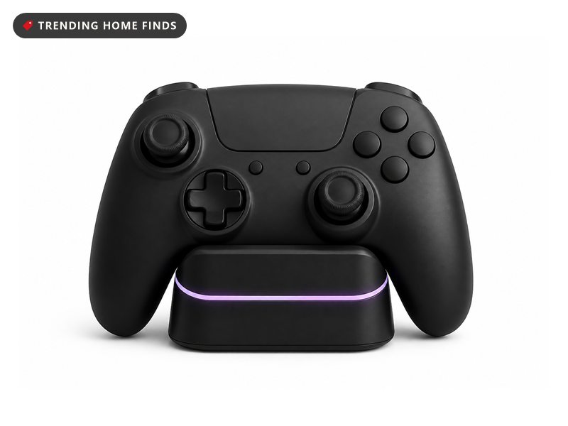 A black wireless game controller with a glowing violet ring resting in a small black charging dock.