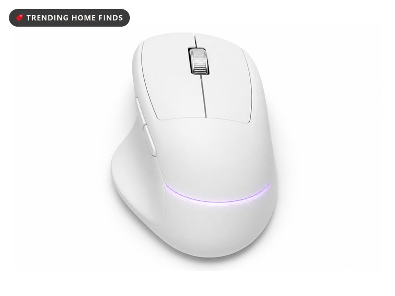 A white wireless gaming mouse with a sculpted thumb rest, a metal scroll wheel and a glowing light strip.