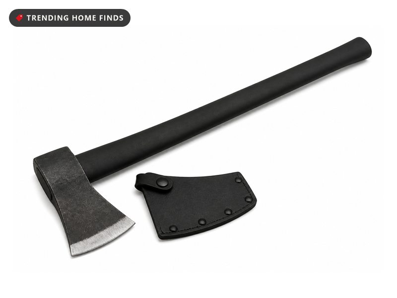 A long splitting axe with a dark forged steel head and a matte black handle beside a black sheath.