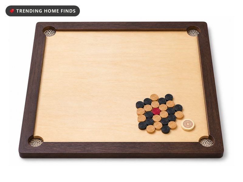 A square wooden carrom board with corner pockets, black and beige coins, a red queen and a striker.
