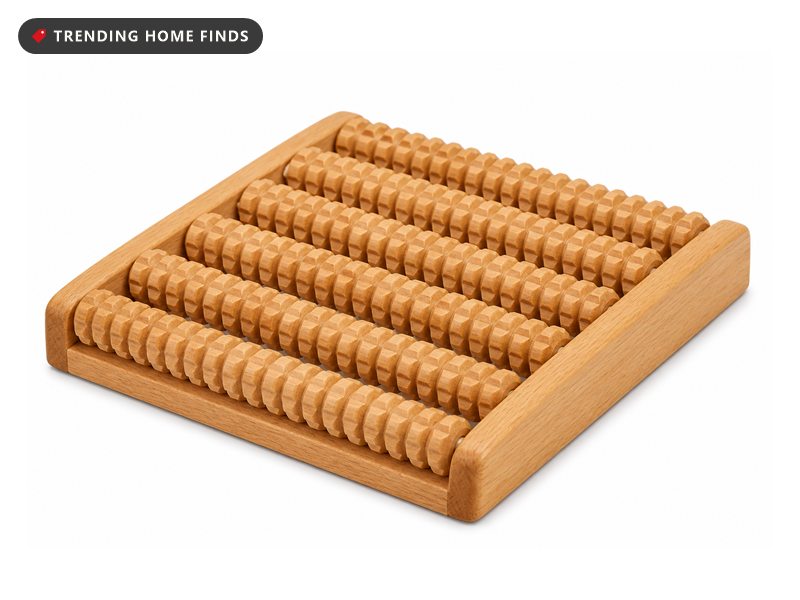 A low wooden foot roller holding five rows of small ridged wooden wheels side by side.
