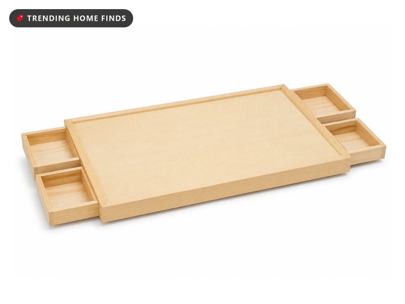 A wooden jigsaw puzzle board with four sliding drawers pulled partly open.