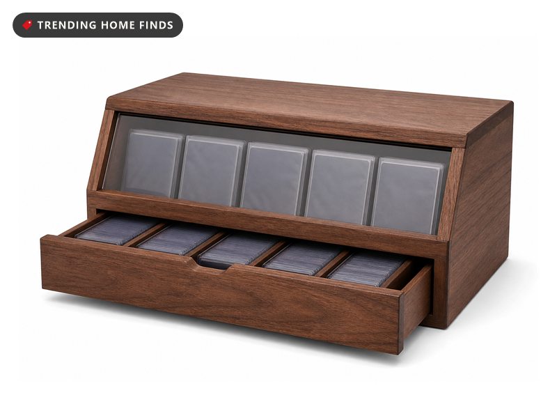 A walnut toned wooden card box with a clear angled front panel and a drawer of sleeved cards with dividers.