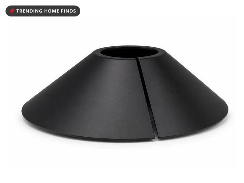 A wide shallow black squirrel baffle cone with a slit seam and a center hole for a pole.
